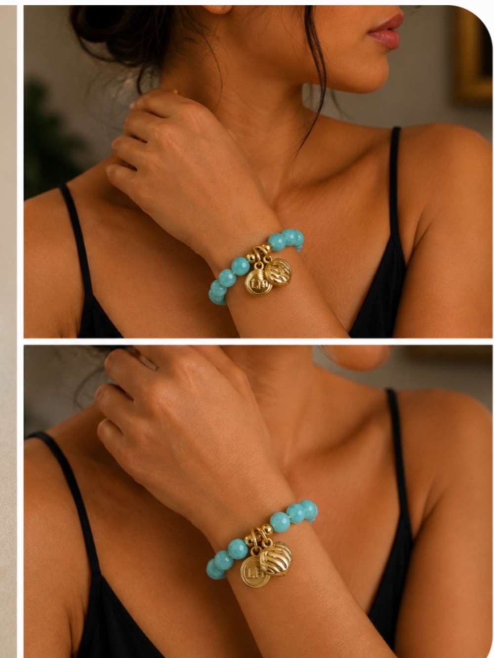 Gold Charm Bracelet with Natural Turquoise Stone Beads - Women Jewelry